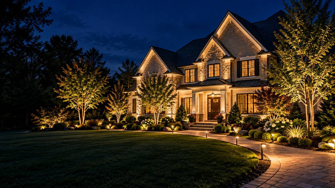 Two-story stone home at night with warm landscape lighting on the facade, uplit trees and a lit front walk