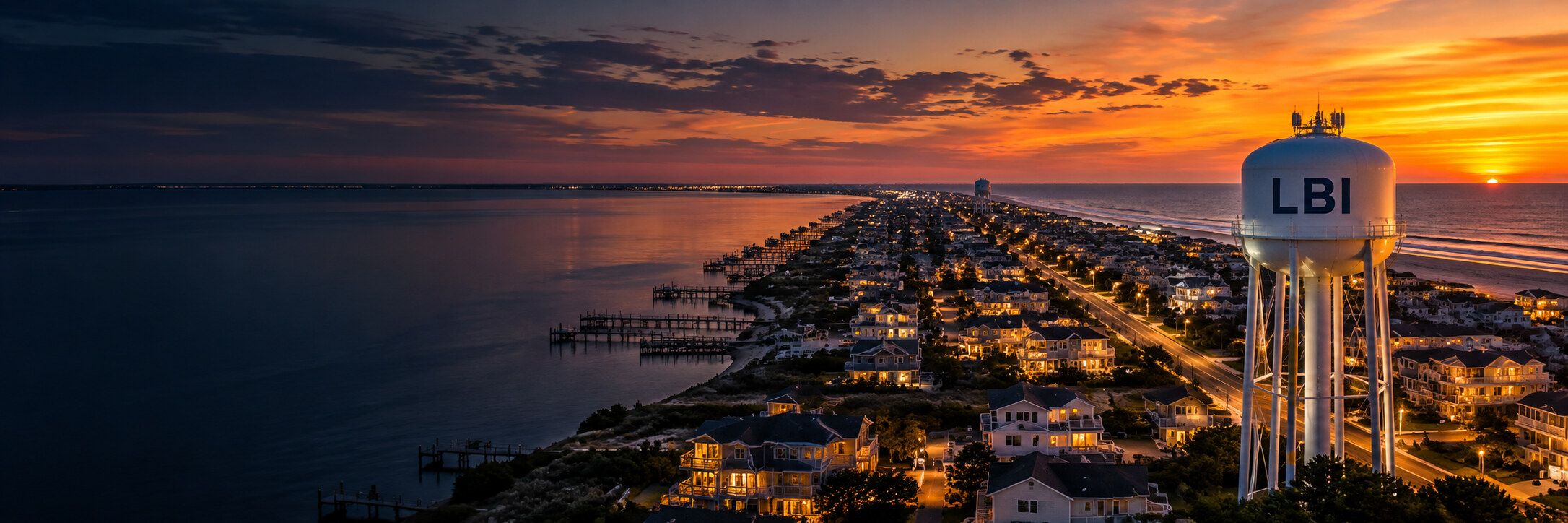Long Beach Island, New Jersey at dusk with the LBI water tower and lit homes along the bay